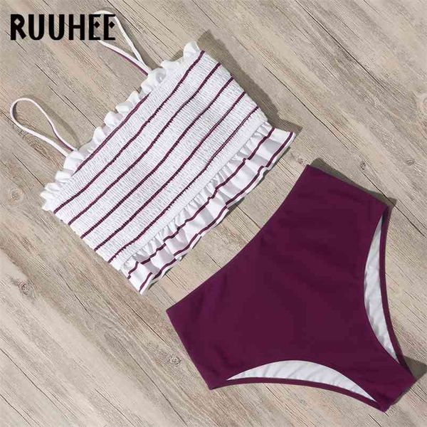 

ruuhee swimsuit women shirred bandeau bikini set swimwear high waist ruffle printed bathing suit beach wear 210629, White;black