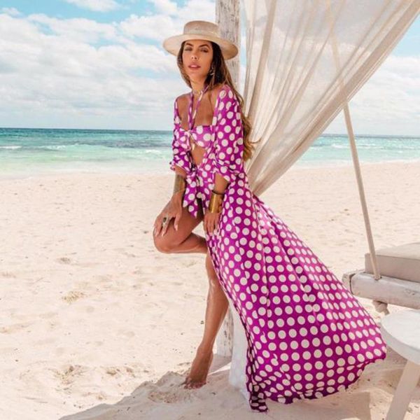 

women's swimwear pink dot beach wear bathing suit cover ups summer dress 2021 long sleeve bandage chiffon bikini swim smock, White;black
