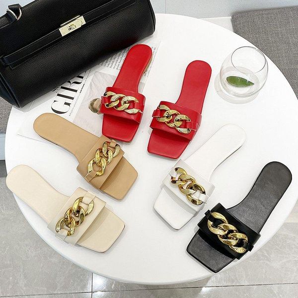 

slippers 2021 summer women fashion chain decoration sandals ladies square toe casual beach shoes big size 10, Black