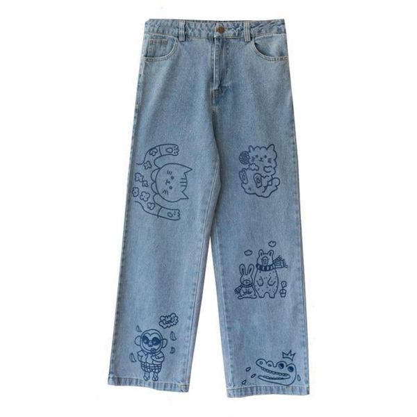 

women's pants & capris cute cat print jeans femme autumn kawaii loose womens fashion trousers funny korean high waist harajuku trendy f, Black;white