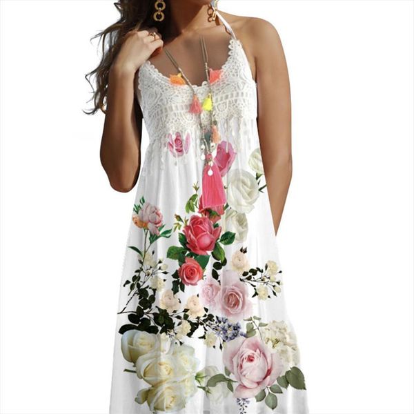 

boho lace vintage women dress flowers sleeveless beach print summer faldas mujer vestidos robe femme sukienki, Black;gray