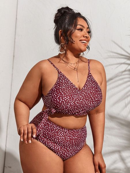 

plus allover print knot bikini swimsuit 01n2#, Black