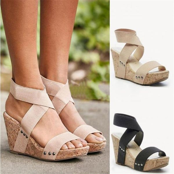 

dress shoes women sandals platform high heels elastic strap gladiator sandalia feminina summer wedge heel sandalias mujer 2021, Black