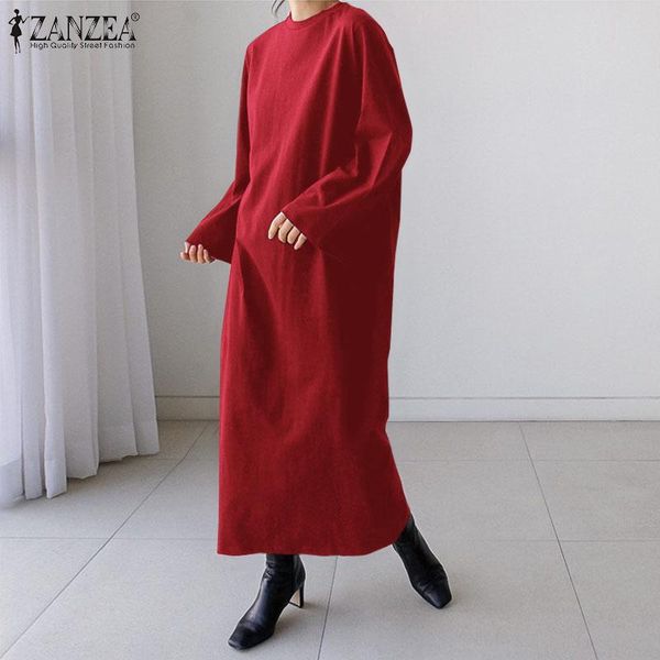 

casual dresses zanzea 2021 elegant women maxi long dress o neck sleeve solid kaftan vestidos autumn sundress femme robe basic, Black;gray