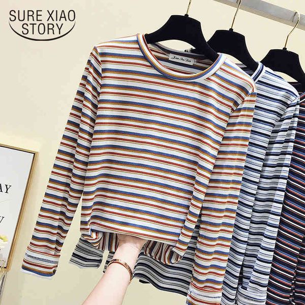 

autumn fashion horizontal stripes long sleeve o-neck korean loose bottom shirt blouses women 6293 50 210417, White