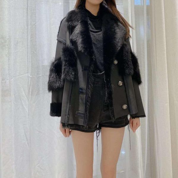 

women's fur & faux coat fashion winter genuine leather sheep wool jacket thick warm female clothes short overcoat, Black