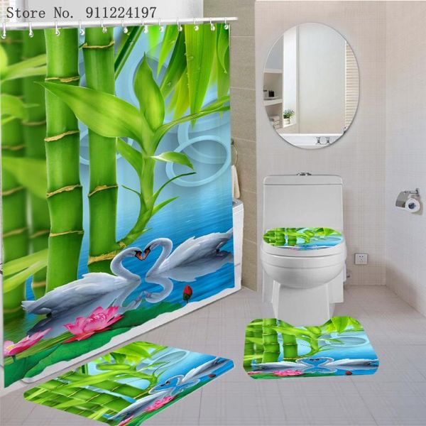 

shower curtains bamboo forest flowing water swan waterproof curtain with hooks pedestal rug lid toilet cover bath mat set bathroom decor