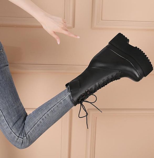 

boots super high-heeled women's inner heightening high leather hating sky, Black