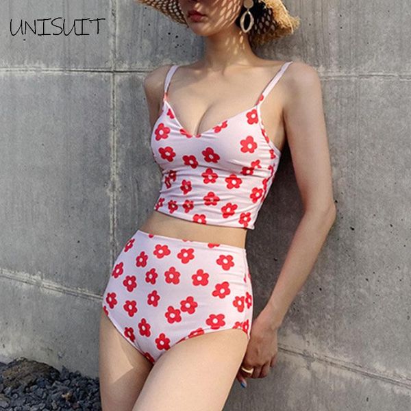 

women's swimwear 2021 sweet girls little red flower print female beach bikini sets 2 pieces fashion high waist swim beachwear bathing s, White;black