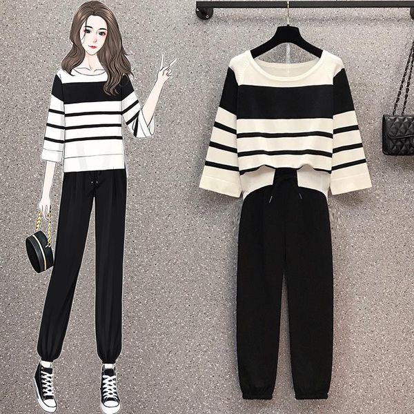 

women's two piece pants suits 2021 autumn large size fat girl striped 3/4 sleeve knitted cropped two-piece set, White