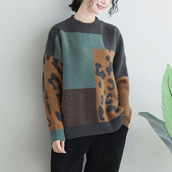 

women casual sweaters new autumn winter simple style vintage leopard print patchwork loose female knitted pullovers s2297 210412, White;black