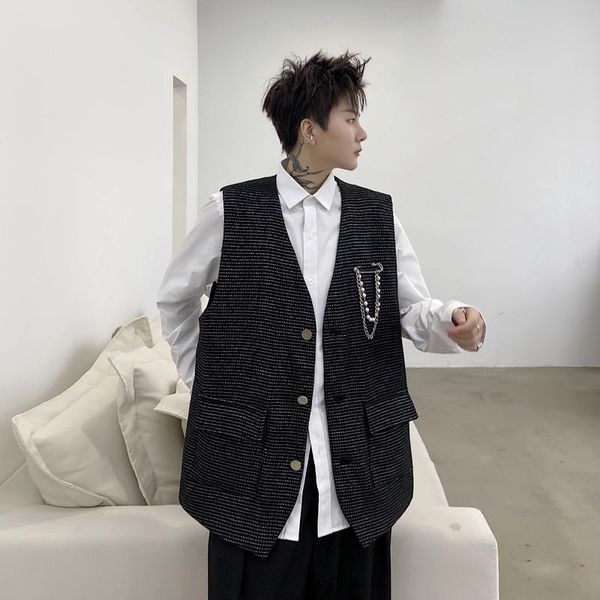

spring korean style personality metal pendant design vest men white casual loose single-breasted waistcoat for men,m-xl men's vests, Black;white