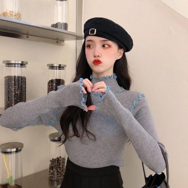 

women's sweaters woman fall/winter slim wooden ear turtleneck sweater, White;black