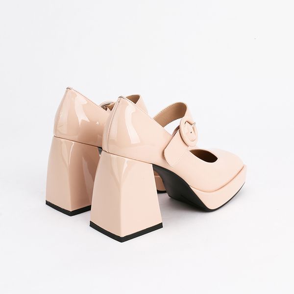 

dress shoes womans 2021 mary janes genuine leather high heels platform thick heel pumps retro square toe lady footwear cv3r, Black