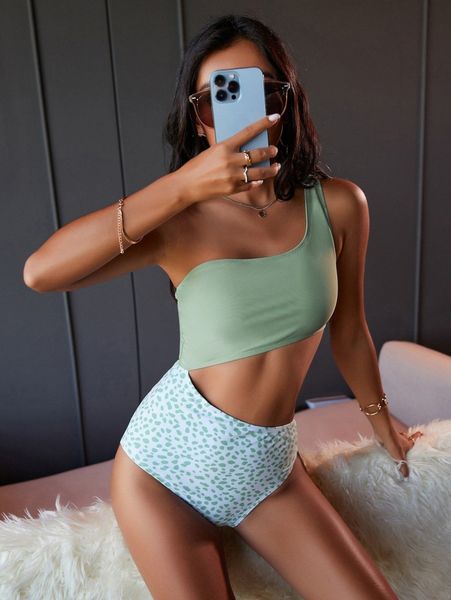 

dalmatian print cut-out one shoulder one piece swimsuit k5ps#, White;black