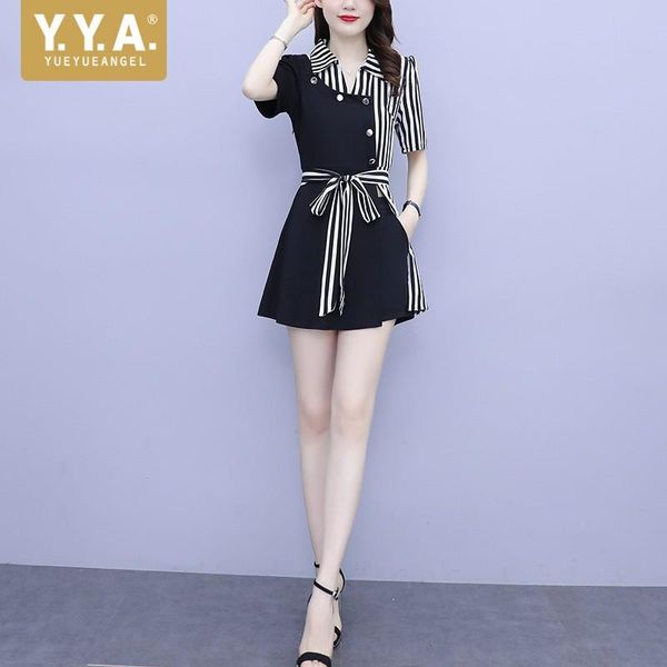 

women's tracksuits women elegant short sleeve striped spliced solid black shorts two piece set summer office lady sashes shirts oversi, Gray