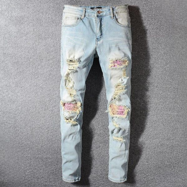 

men's jeans streetwear washed pink patch light blue men ripped fashion brand slim fit denim pants trousers big size hip hop