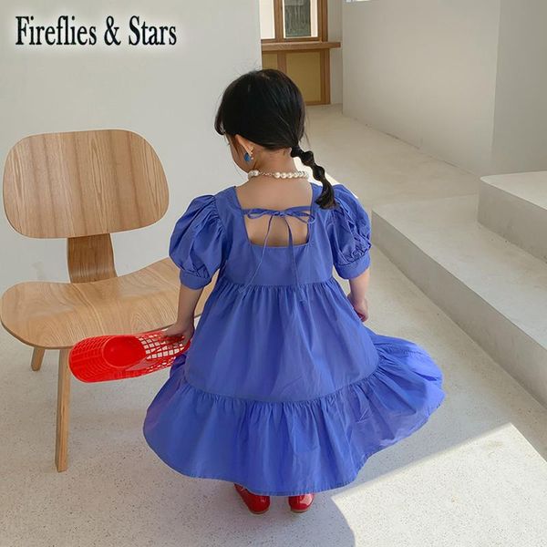 

girl's dresses summer girls dress baby vestidos kids long children clothes fashion square neck back lacing puff sleeve solid 1 to 7 yrs, Red;yellow