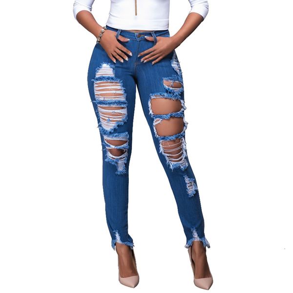 

jean women elastic destroyed ripped skinny jeans hole bleached pocket trousers casual denim slim tight pencil pants, Blue