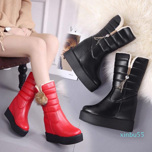 

boots wedge women's rubber shoes rain australia round toe boots-women mid calf ladies lolita snow med slip-on increased in, Black