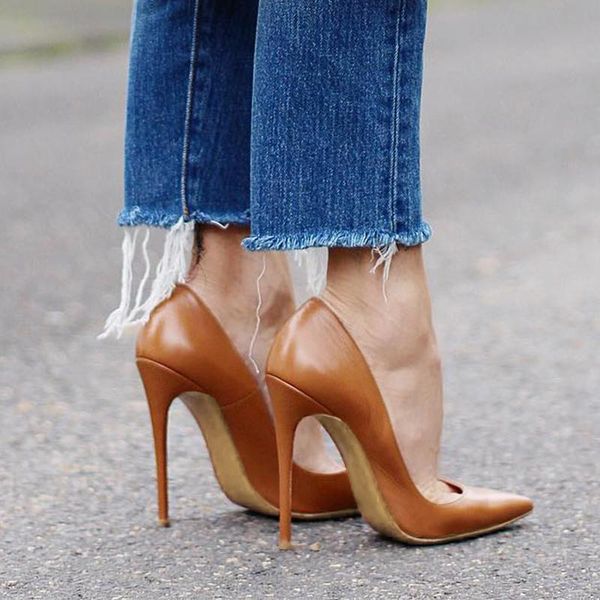 

dress shoes est super high woman thin heels shoe 12cm brown leather pumps pointed toe girl's stiletto, Black