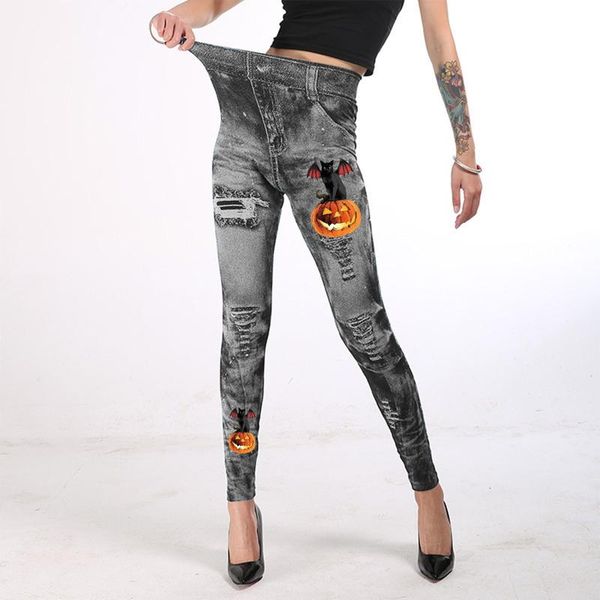 

women's leggings women halloween pumpkin printed thin mid-waist high stretch cotton yo-ga sport workout gym clothing 2021, Black
