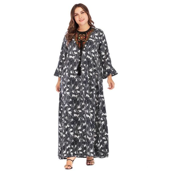 

casual dresses ethnic embroidery long dress summer beaded lace print maxi fashion loose muslim dubai plus size clothing for women, Black;gray