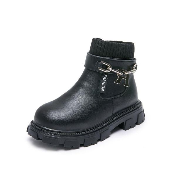 

boots girls' autumn and winter plush 2021 fashion knitted shoe mouth children' chain genuine leather boys, Black;grey