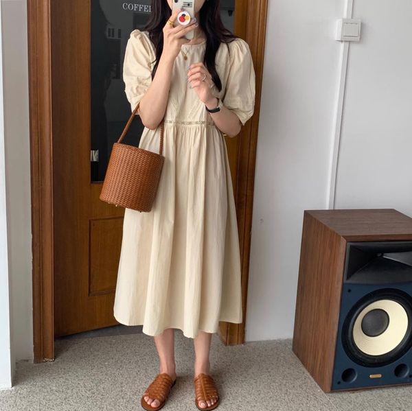 

spring female loose casual round neck long puff sleeve apricot patchwork lace hollow out pleated a-line dress 8y966 210510, Black;gray