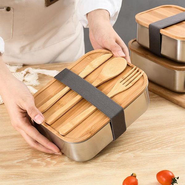 

dinnerware sets japanese bento box with bamboo lid 304 stainless steel cover container portable lunch bag picnic