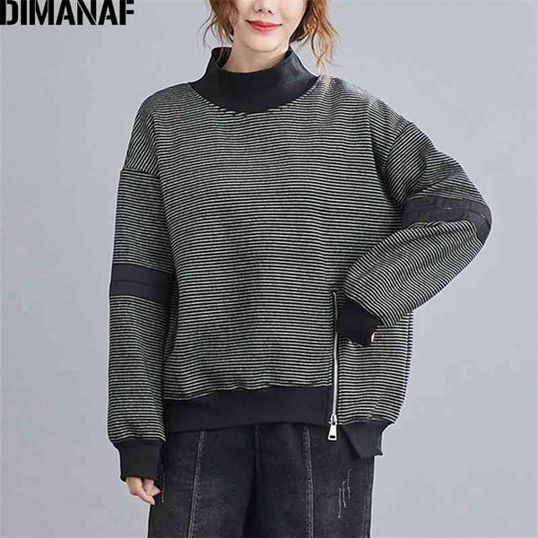 

plus size women hoodies sweatshirt fleece thick turtleneck long sleeve pullover loose casual black striped winter 210531