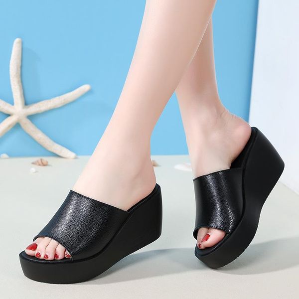 

sandals fashion 7cm women's wedge with genuine leather platform fish mouth shoes for slippers women outdoor, Black