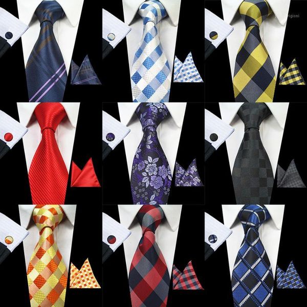 

rbocott classic 8cm tie set for men silk jacquard woven plaid ties handkerchief cufflinks set mens striped wedding necktie1, Blue;purple