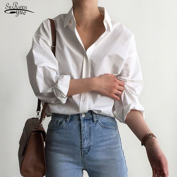 

women's shirt classic chiffon blouse female simple style clothes plus size loose long sleeve shirts lady blusas 9700 210427, White
