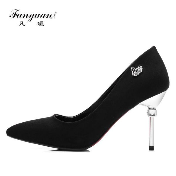 

fanyuan 2021 faux suede footwear women pumps wedding pointed toe black green high heels shoes 8.5 cm stilettos dress