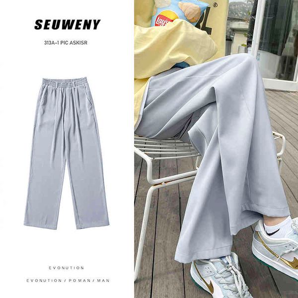 

pant spring summer wide-leg fashion solid color ice silk men streetwear loose casual straight-leg pants mens trousers, Black