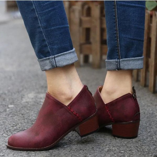 

boots pu leather women ankle autumn winter platform ladies shoes vintage chunky heels botas mujer, Black