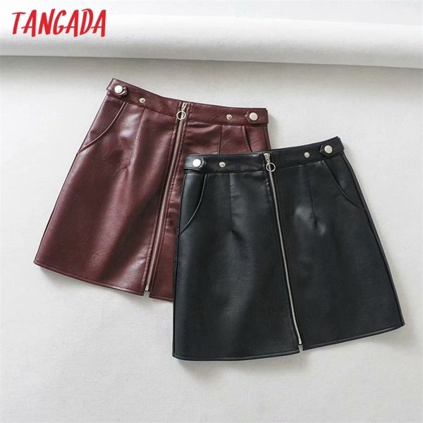 

tangada autumn winter women solid faux leather skirts faldas mujer zipper female mini skirt 1y25 210412, Black