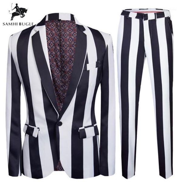 

black suit stripe print wedding suits for men 2 pieces set latest coat + pant designs stage singer slim fit costume men's & blazers, White;black