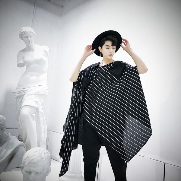 

men's trench coats mens punk stripe large coat youth oversize sleeveless casual party irregular cape cloak outwear thin c25, Tan;black