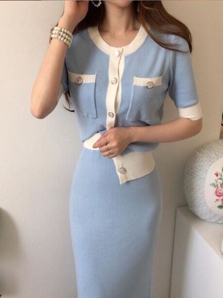 

two piece dress suit 2021 autumn winter sweater 2-piece set women's button knitted + medium waist skirt, White