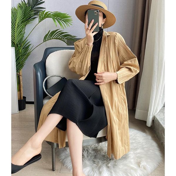 

women's trench coats 2021 autumn miyak pleated luxury coat women fashion solid single-breasted long-sleeved loose large size tlong, Tan;black