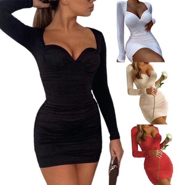 

casual dresses autumn long sleeve bodycon dress for women party low cut night clubbing mini fashion ruched femme vestidos 2021, Black;gray