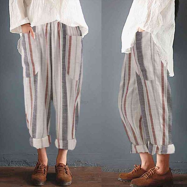 

cotton linen ankle length pants women summer casual high waist pant loose harem stripe pocket women trousers, Black;white