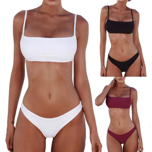 

color solid women strap padded bra high waist panties bikini set women's swimsuits 2021 swimwear female swimmi, White;black