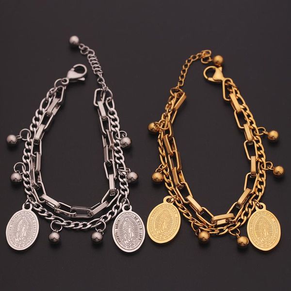 

christian the virgin mary bracelet stainless steel and zinc alloy silver gold charms religious jewelry gifts for men women link, chain, Black