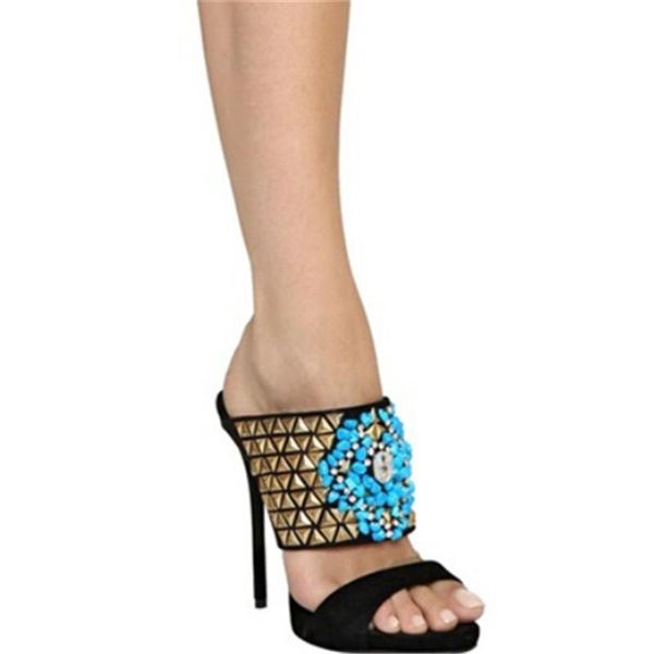 

high heels pumps gladiator women shoes luxury crystal blue stone rivets slippers sandals sandalias mujer 2021, Black