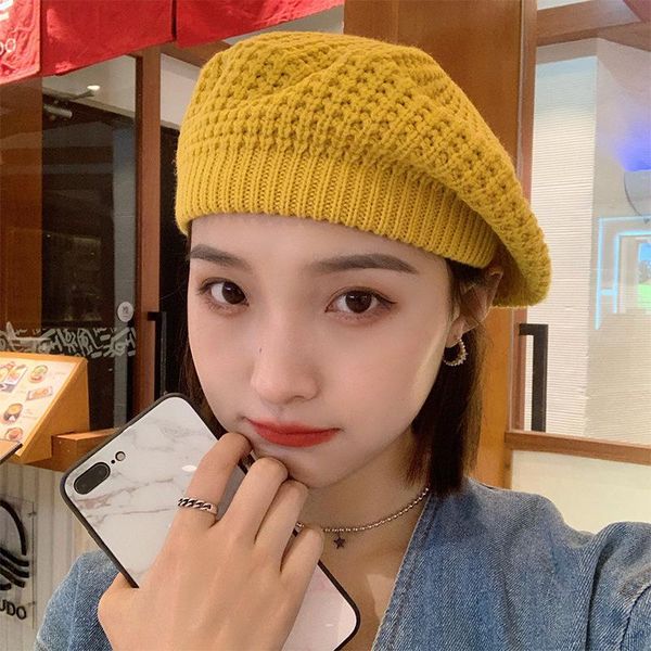 

beanies knitted wool beret women's autumn winter british retro easy matching fashion big head circumference octagonal painter hat