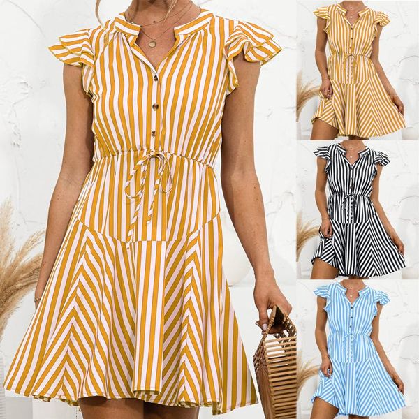 

casual dresses women fashion summer stripe print party dress women's short sleeve v-neck button vestido de mujer mini, Black;gray