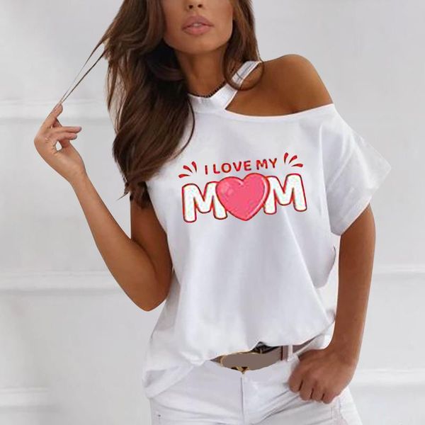 

women summer letter print off shoulder t-shirts i love my mom athletic graphic tees happy mother's day streetwear a40 women's t-s, White